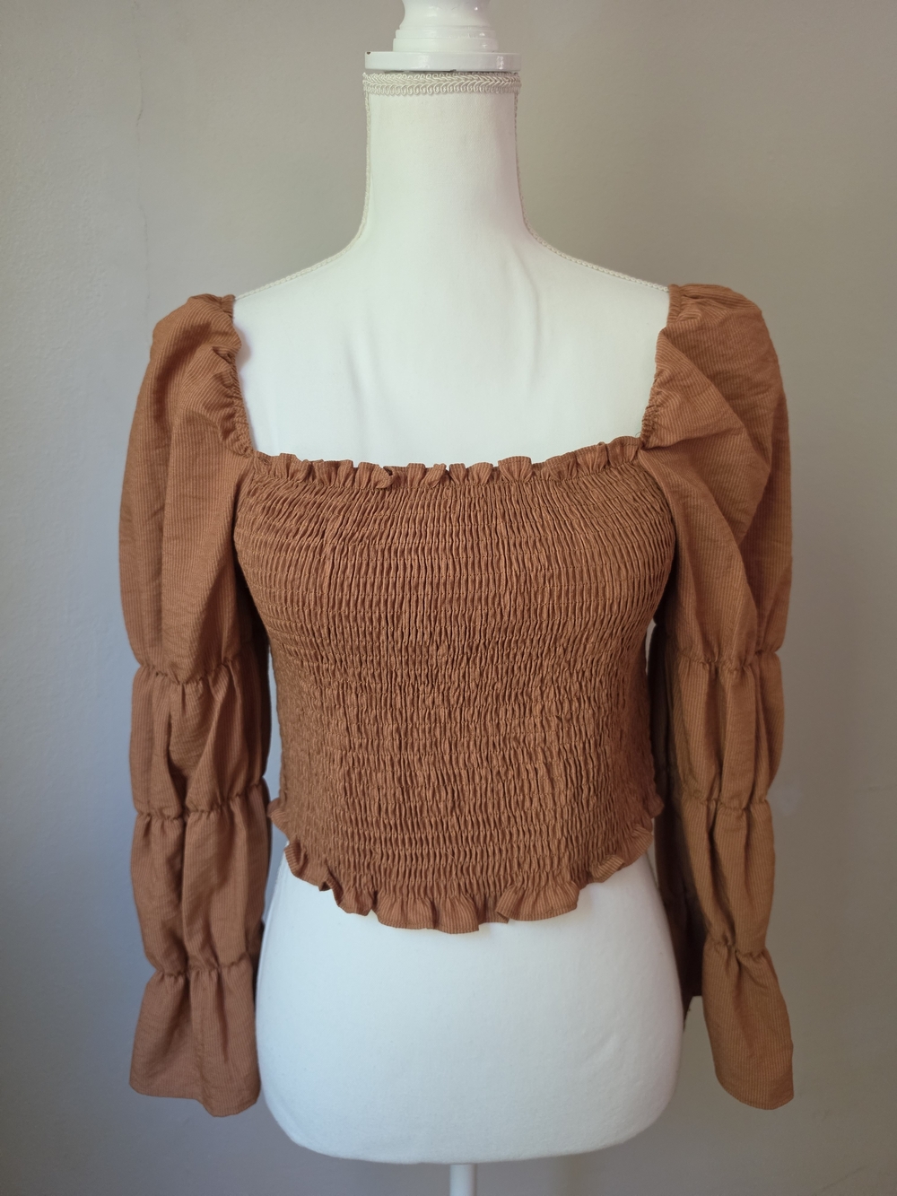 Smocked Square-Neck Crop Top in Caramel - Picture 1 of 9